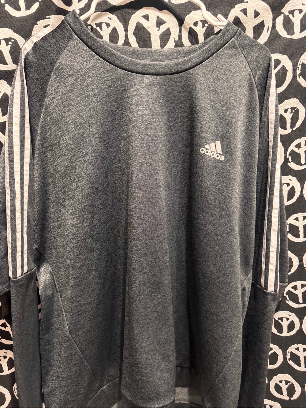 adidas Men’s Charcoal Gray Crewneck Sweater with White Three-Stripe Sleeves